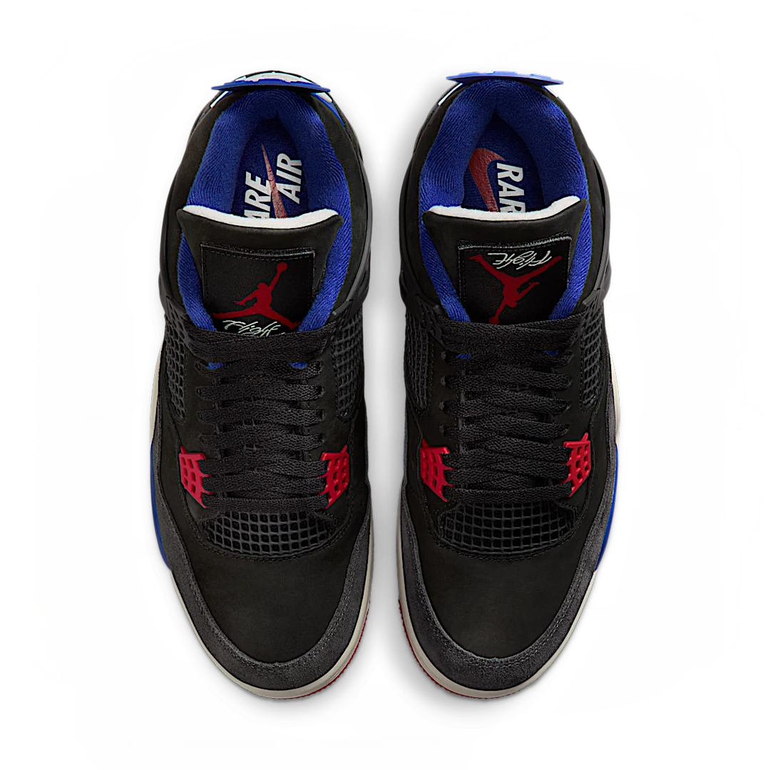 Air Jordan 4 Retro Rare Air (White Lettering), Black/Fire Red/Deep Royal Blue/Dark Smoke Grey/Tech Grey (FV5029-003 / IB4171-003)