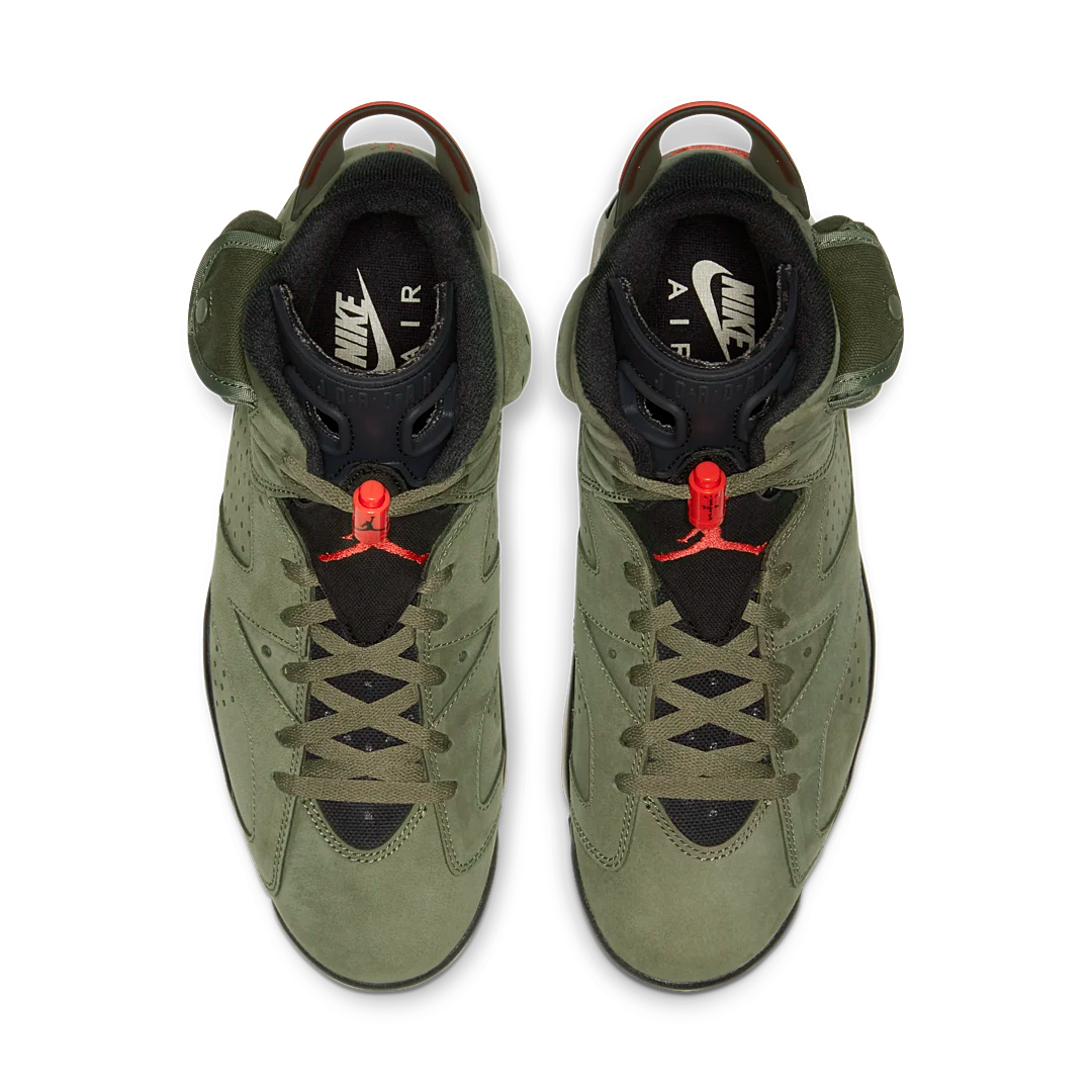 Air Jordan 6 Retro Travis Scott, Medium Olive/Black-Sail-University Red (CN1084-200 / CN1085-200)