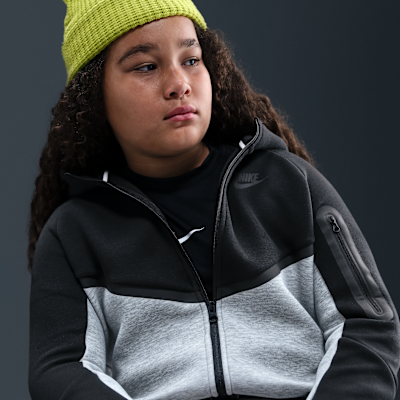 Nike Sportswear Tech Fleece Older Kids' Full-Zip Hoodie (Extended Size) Dark Grey Heather/Black/Black/Black - Sneak