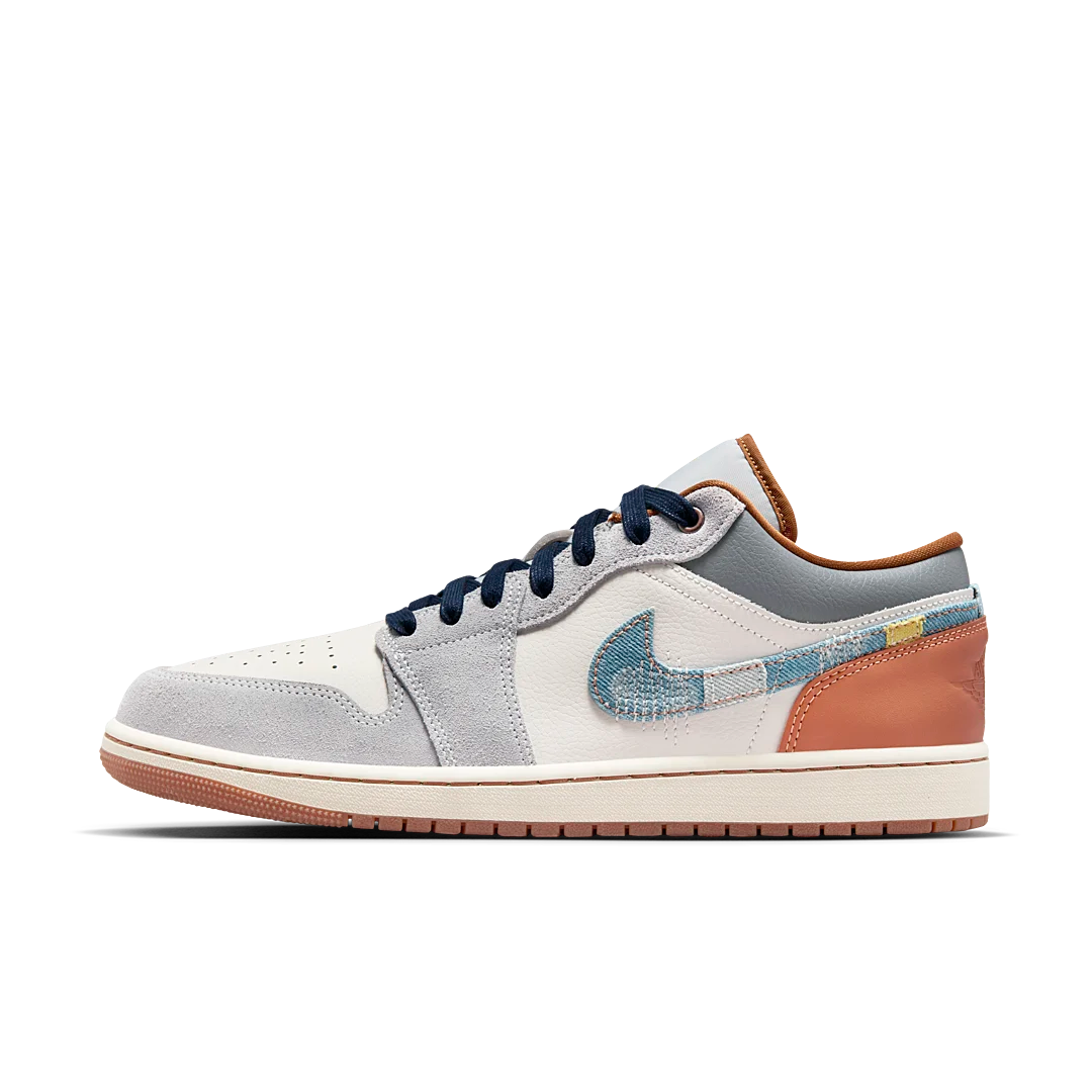 Air Jordan 1 Low SE Phantom Repaired Denim Swoosh, Phantom/Off White/Coconut Milk/Amber Brown/Star Blue (FZ5042-041)