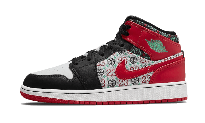 Air Jordan 1 Mid SE Ugly Christmas Sweater, White/University Red/Black/Roma Green (DM1208-150)