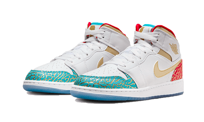 Air Jordan 1 Mid Sneaker School NC to Chicago, White/Metallic Gold-University Red-Blue Lightning-Wolf Grey (FB2212-100)