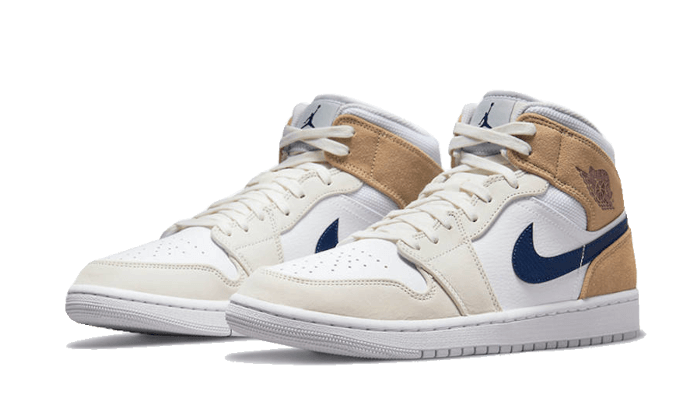 Air Jordan 1 Mid Tan Suede, White/Team Red/Khaki/Blue Void (DO6726-100)