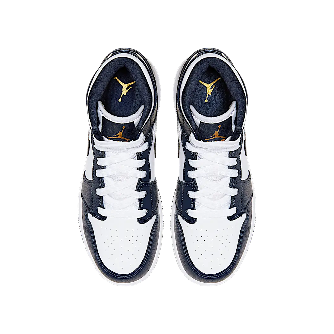 Air Jordan 1 Mid White Metallic Gold Obsidian, White/Metallic Gold-Obsidian (554725-174)