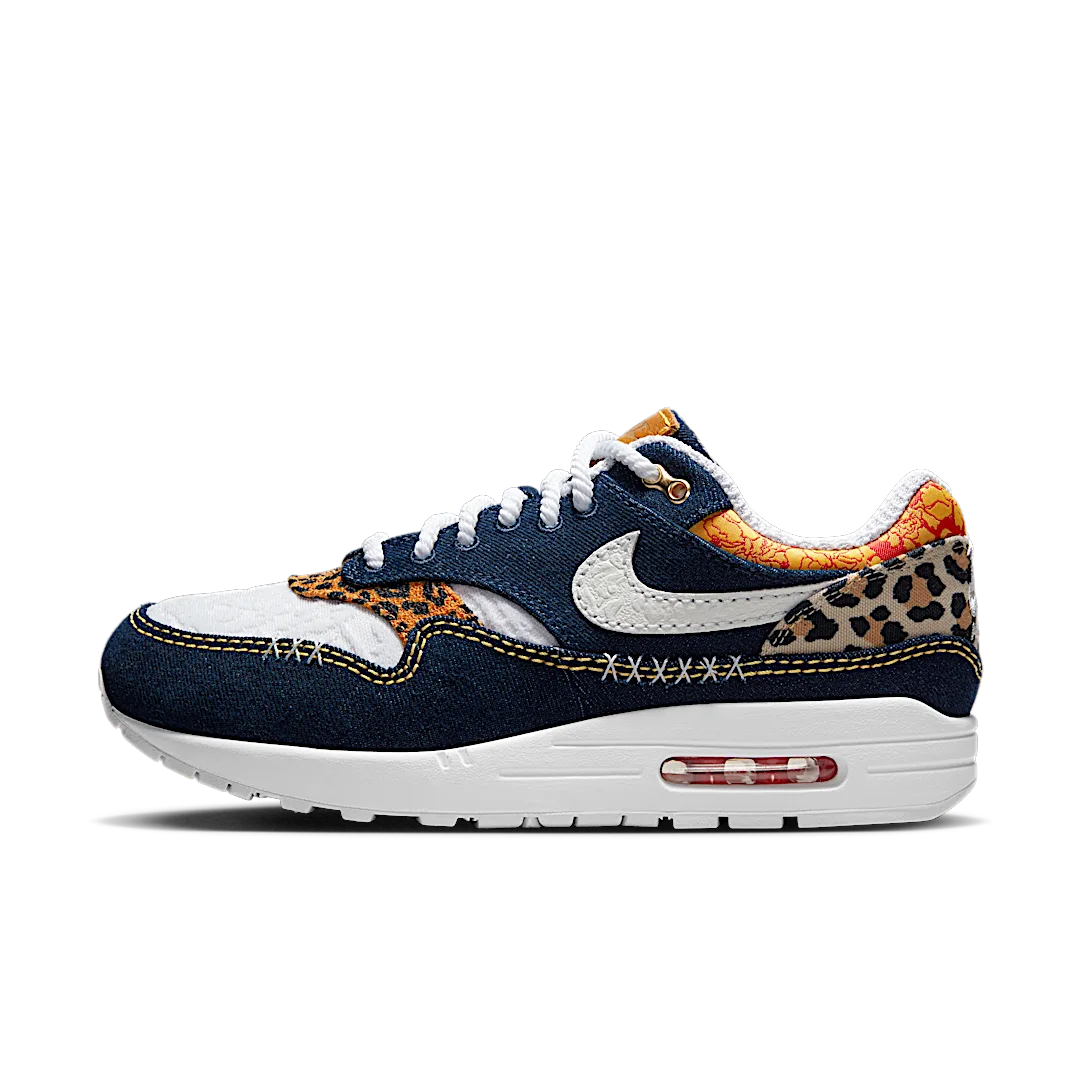 Nike Air Max 1 Premium Denim Leopard, Medium Blue/White/University Gold/Picante Red/Metallic Gold/Desert Ochre (FJ4452-432)