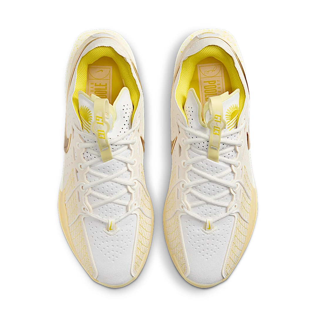 Nike Air Zoom GT Cut 3 Air Jordan Poole PE, Pale Ivory/Sail/Alabaster/Metallic Gold/Soft Yellow (FZ1523-100/FZ1522-100)