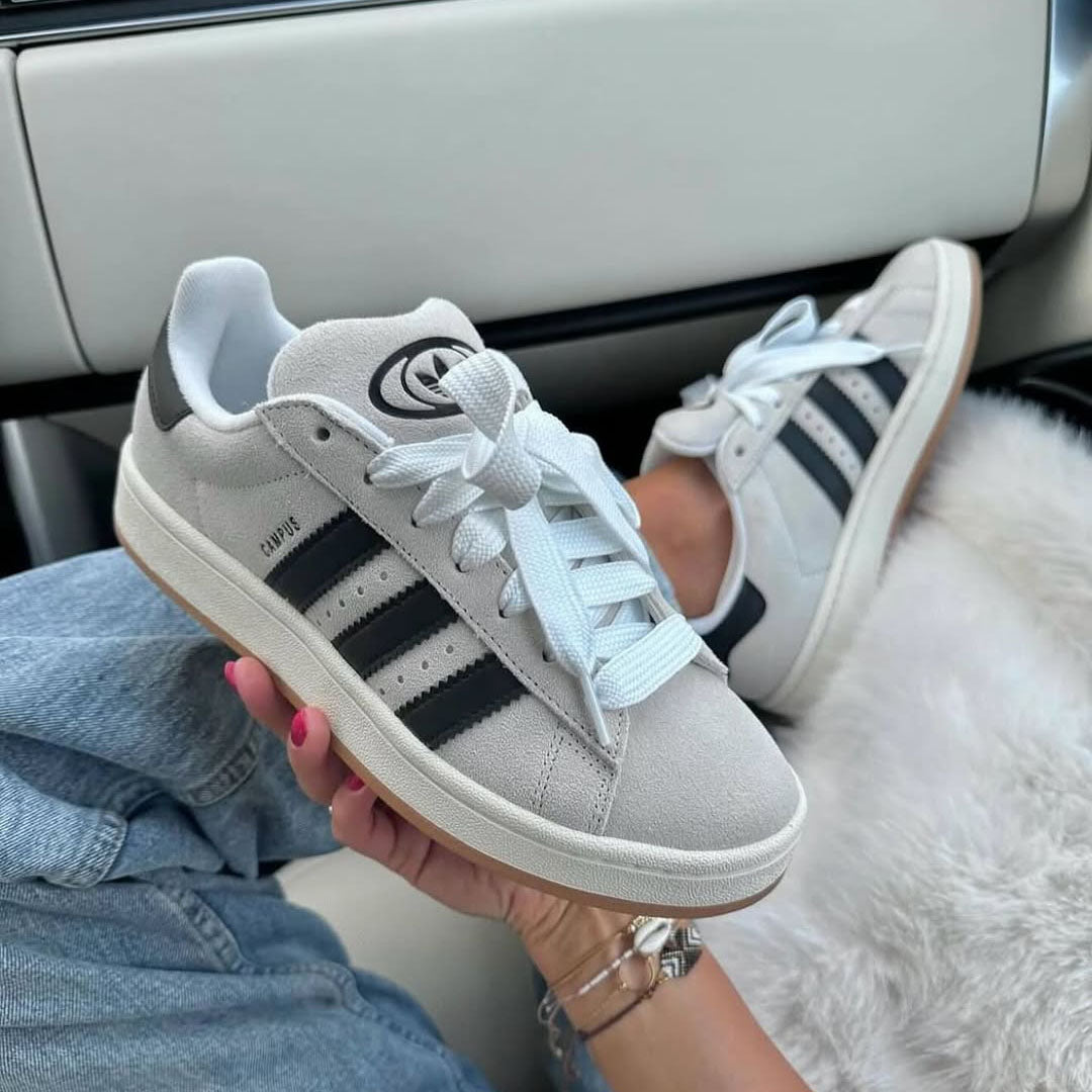 Wearing Adidas Campus Crystal White Core Black sneakers