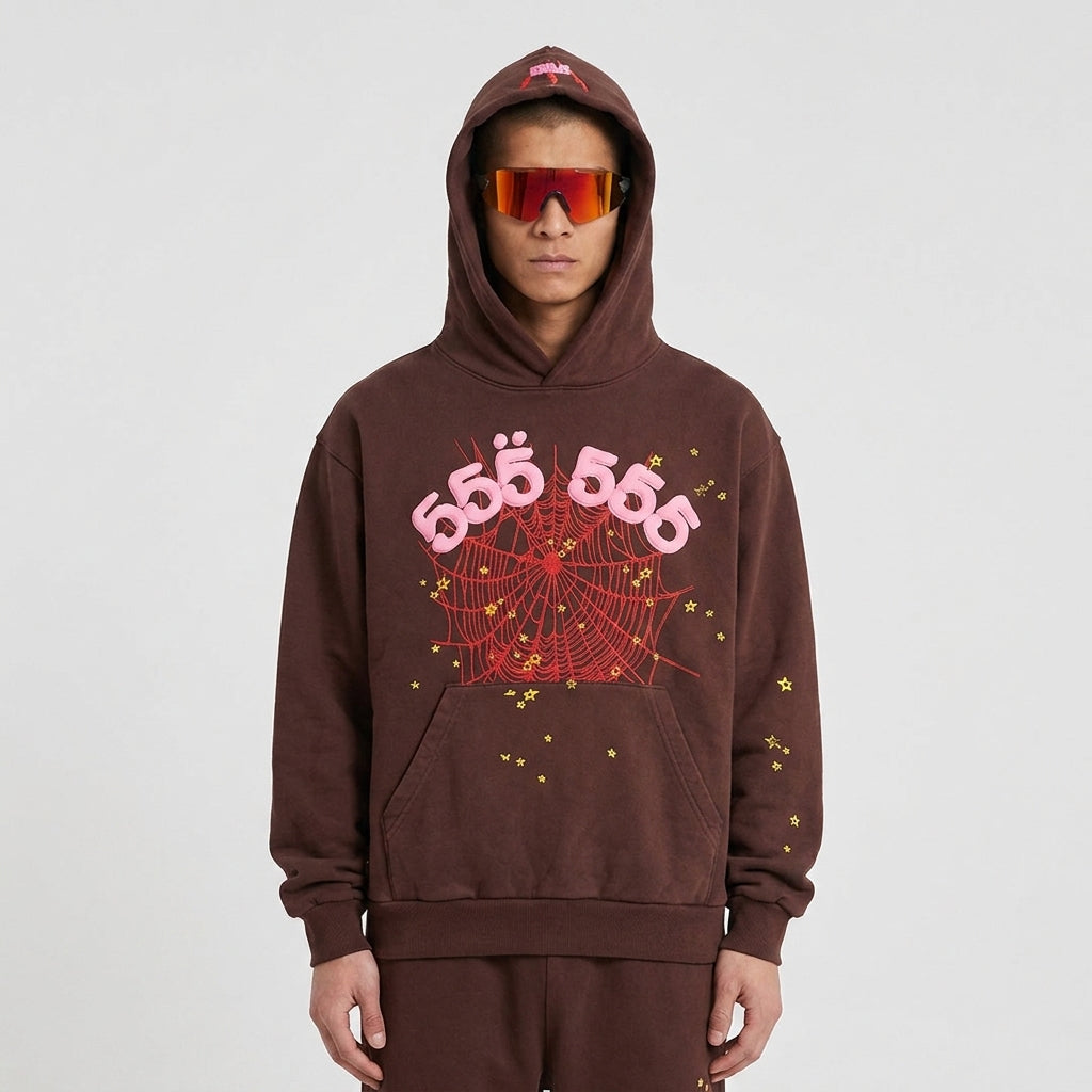 Sp5der Angel Number Hoodie Brown